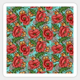 Poppies Flowers And Butterflies Pattern Sticker